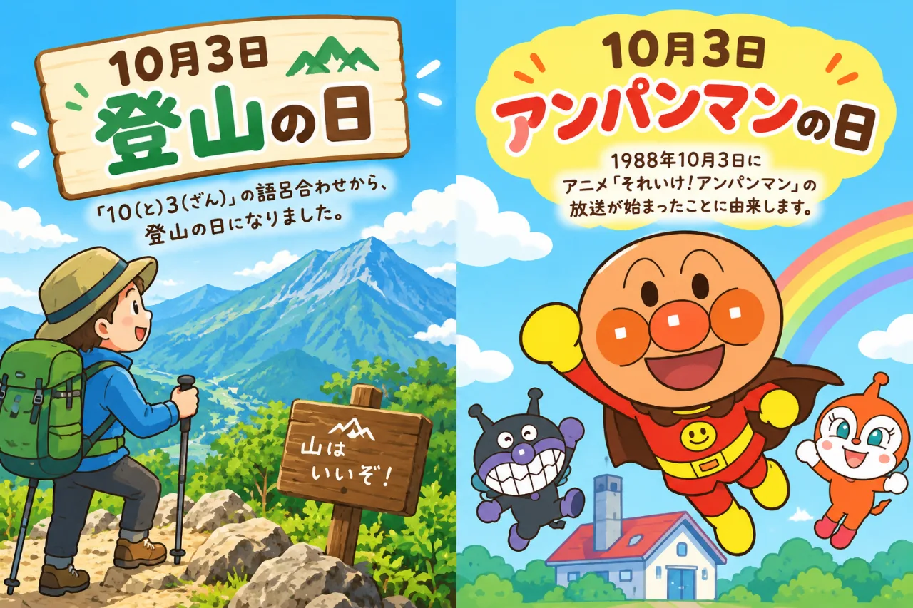 【10月3日は何の日？】🗻登山の日🧡アンパンマンの日のサムネイル