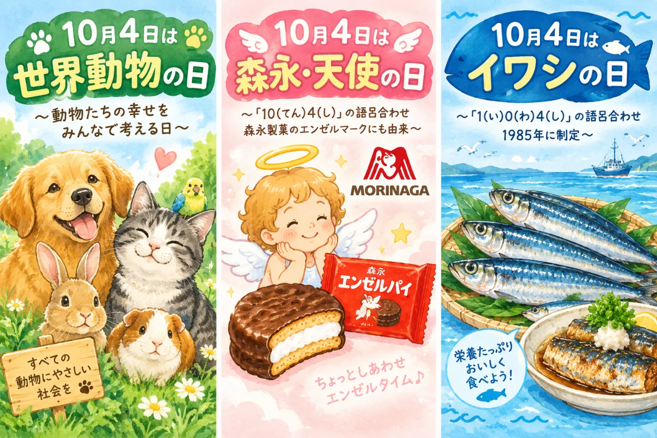 【10月4日は何の日？】🐾世界動物の日👼森永・天使の日🐟イワシの日のサムネイル