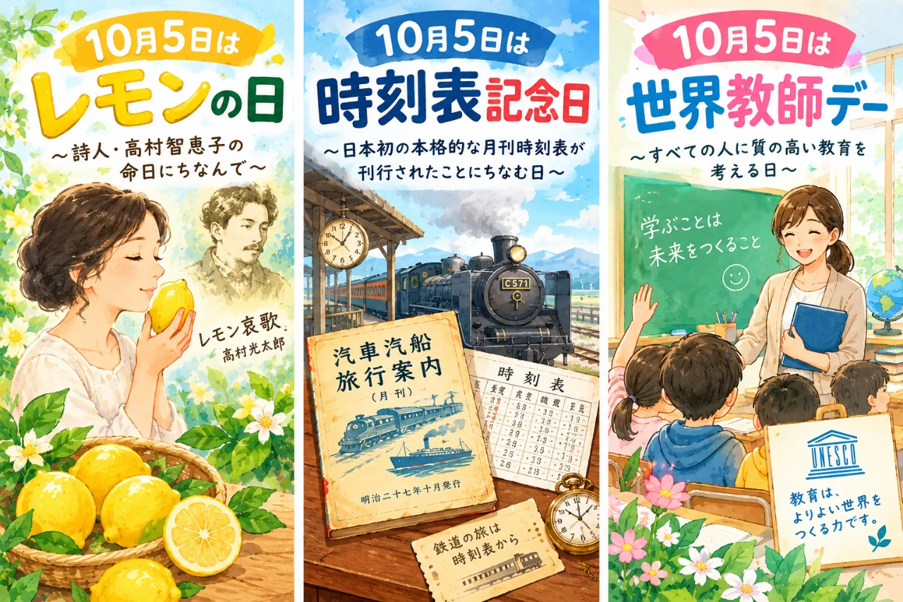 【10月5日は何の日？】🍋レモンの日🚂時刻表記念日👩‍🏫世界教師デーのサムネイル