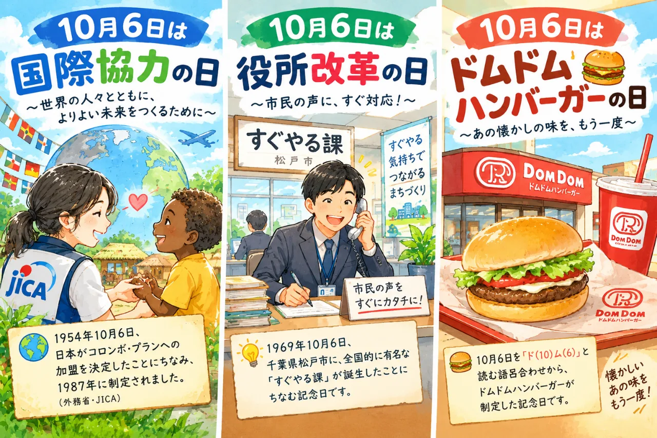 【10月6日は何の日？】🌏国際協力の日🏢役所改革の日🍔ドムドムハンバーガーの日のサムネイル