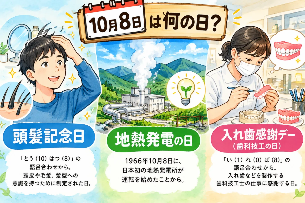 【10月8日は何の日？】👨‍🦱頭髪記念日🌋地熱発電の日🦷入れ歯感謝デーのサムネイル