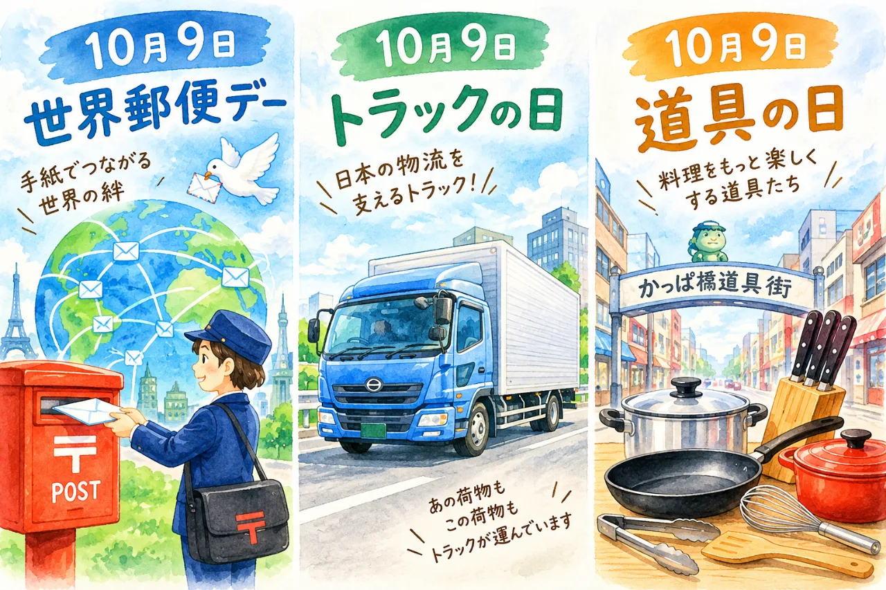 【10月9日は何の日？】📪世界郵便デー🚚トラックの日🔧道具の日のサムネイル