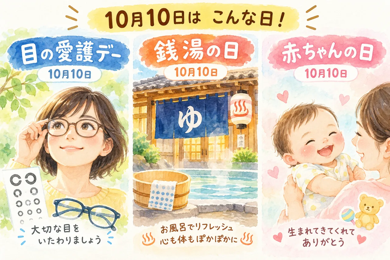 【10月10日は何の日？】👀目の愛護デー🛁銭湯の日👶赤ちゃんの日のサムネイル
