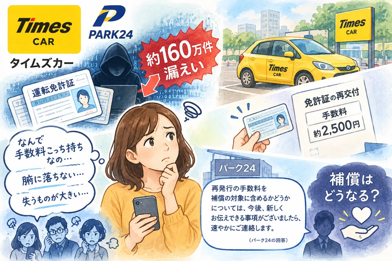 【まさかの約160万件流出🚨】タイムズカー利用者に大打撃！免許証が漏れたのに再発行費用は自腹💢パーク24の補償対応に不満噴出！のサムネイル
