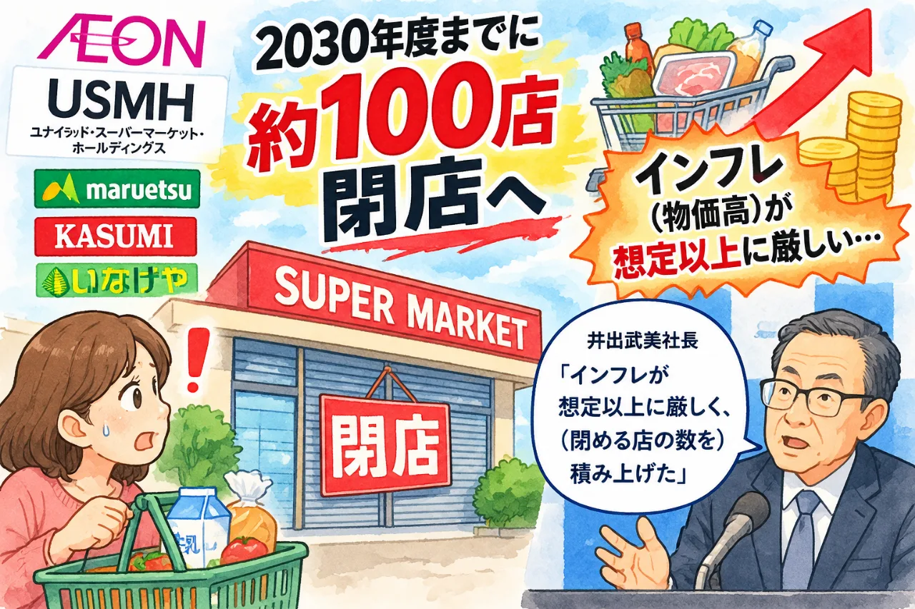 💥【スーパー業界に激震】イオン系が約100店閉店へ😱 物価高が直撃！マルエツ・カスミ・いなげやを襲う経営危機の現実のサムネイル