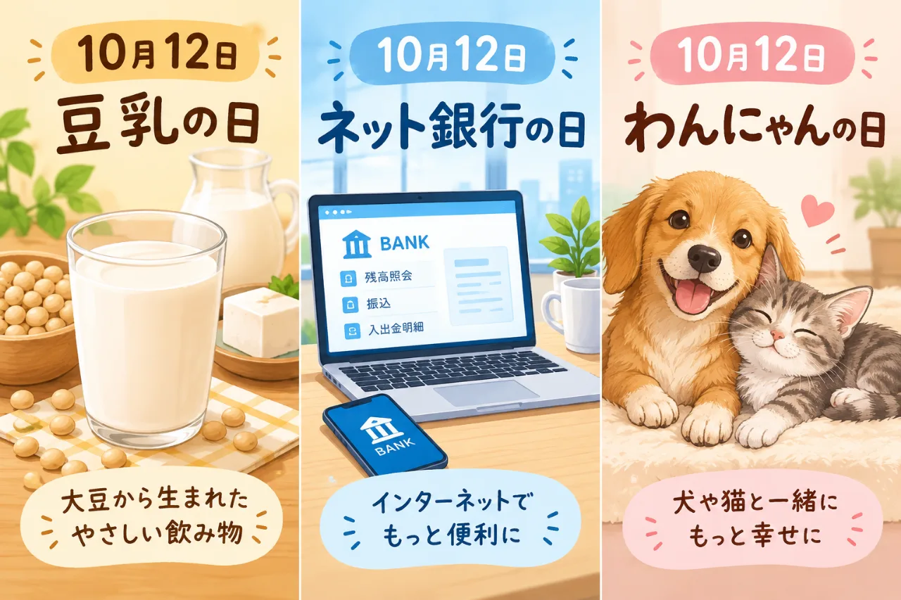 【10月12日は何の日？】🥛豆乳の日🏦ネット銀行の日🐶😺わんにゃんの日のサムネイル
