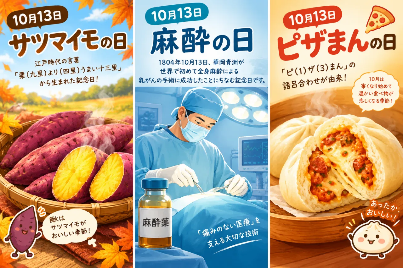 【10月13日は何の日？】🍠サツマイモの日💉麻酔の日🍕ピザまんの日のサムネイル