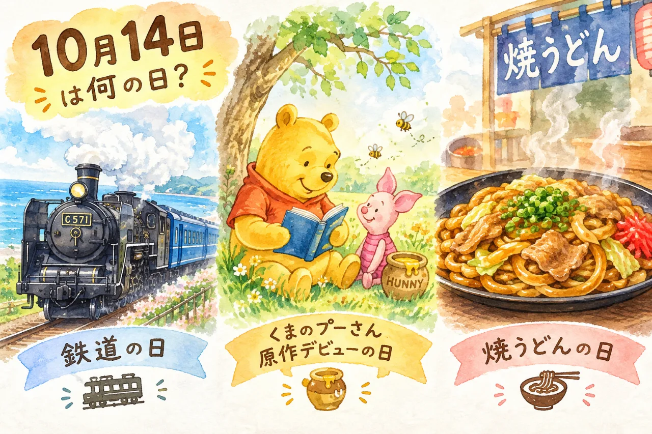 【10月14日は何の日？】🚉鉄道の日🧸くまのプーさん 原作デビューの日🥢焼うどんの日のサムネイル