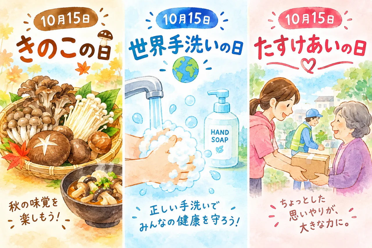 【10月15日は何の日？】🍄きのこの日🧼世界手洗いの日🤝たすけあいの日のサムネイル