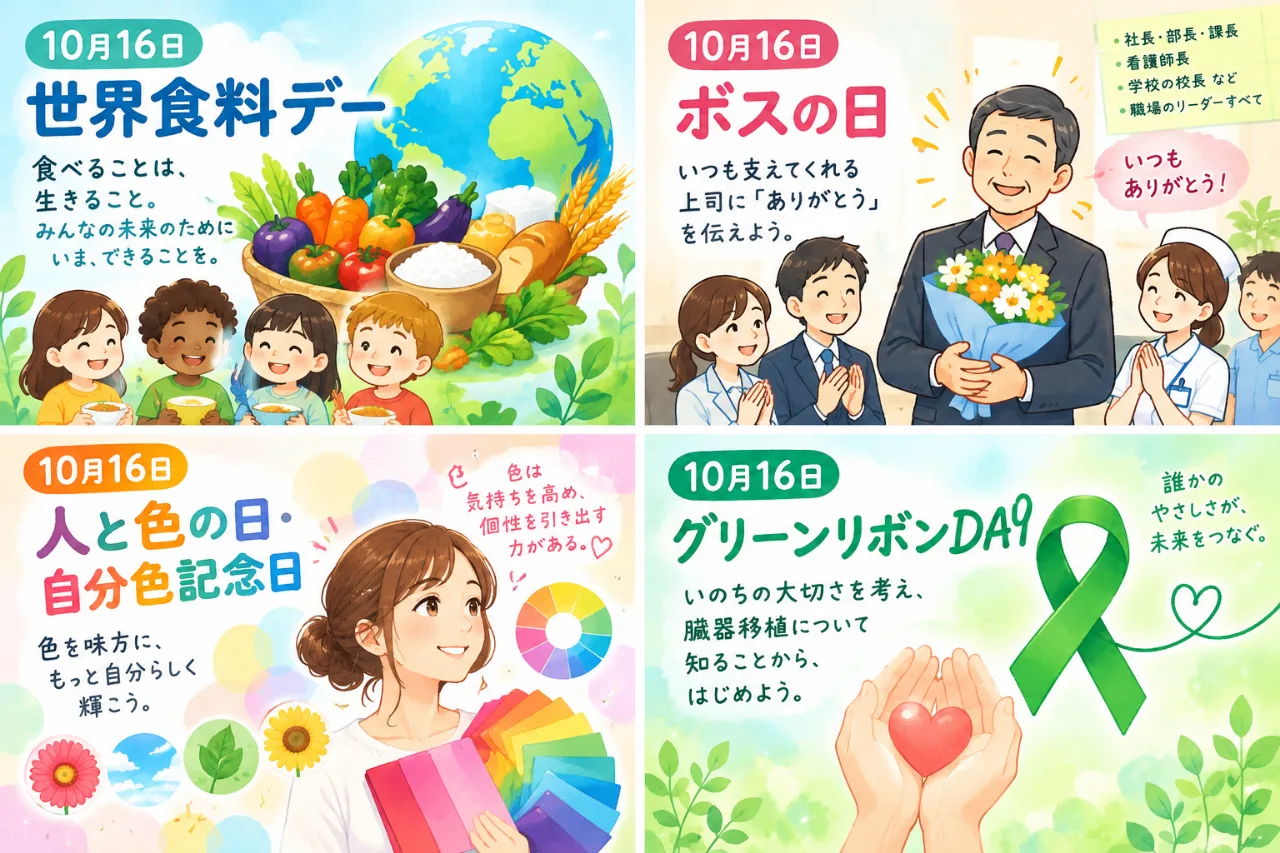 【10月16日は何の日？】🌍世界食料デー👔ボスの日🎨人と色の日・自分色記念日💚グリーンリボンDAYのサムネイル