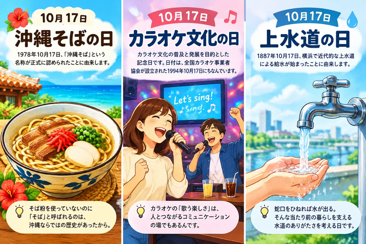 【10月17日は何の日？】🍜沖縄そばの日🎤カラオケ文化の日🚰上水道の日のサムネイル