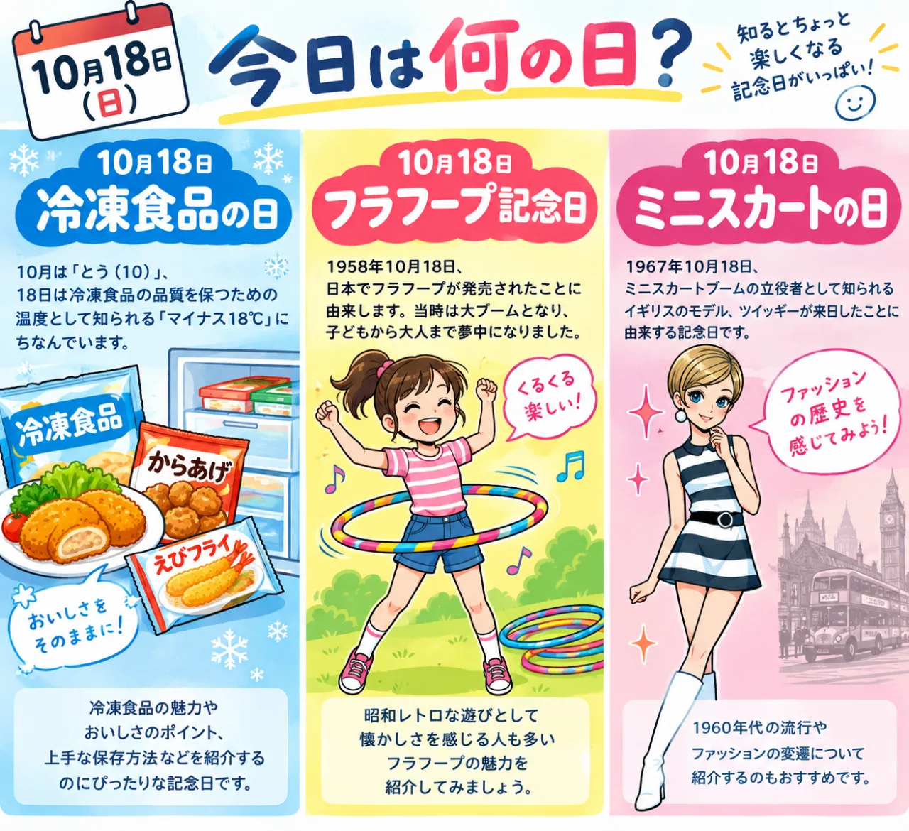 【10月18日は何の日？】🧊冷凍食品の日⭕フラフープ記念日👗ミニスカートの日のサムネイル