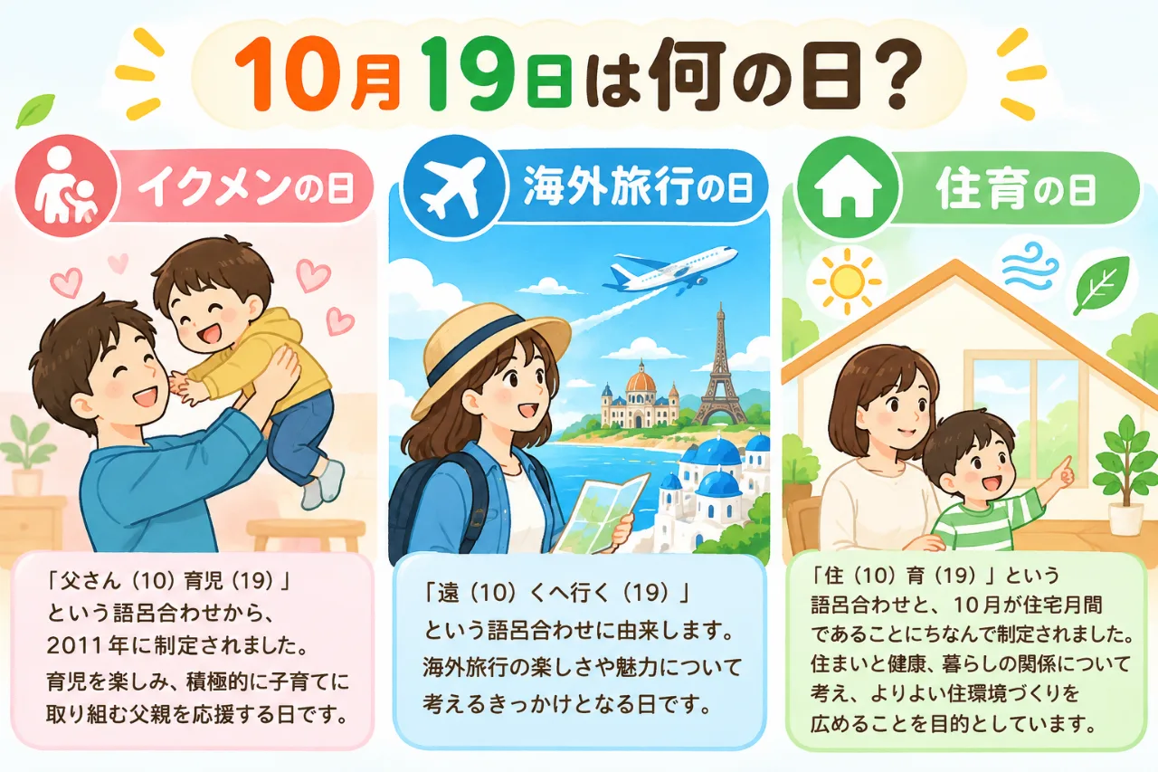 【10月19日は何の日？】👨‍👧‍👦イクメンの日✈️海外旅行の日🏠住育の日のサムネイル