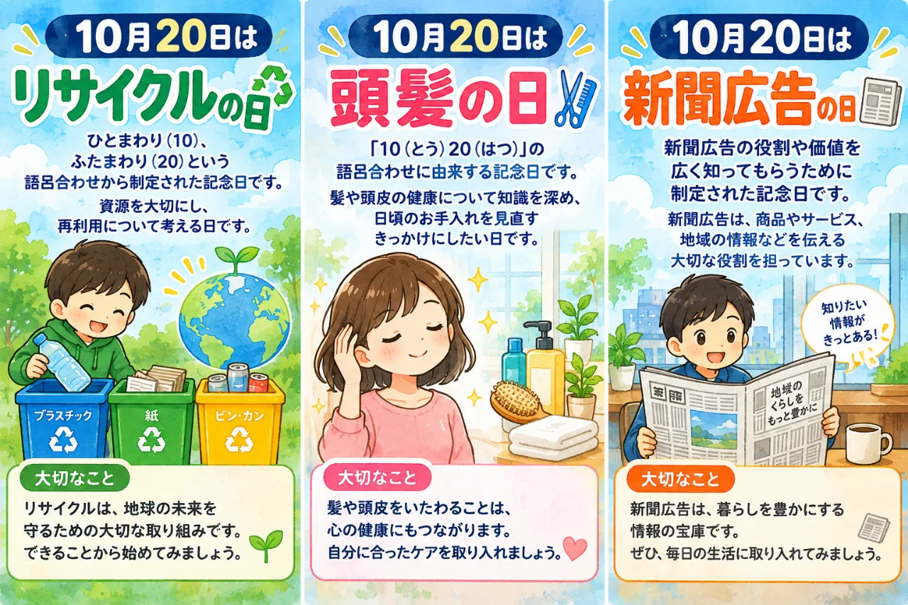 【10月20日は何の日？】♻️リサイクルの日💇頭髪の日📰新聞広告の日のサムネイル