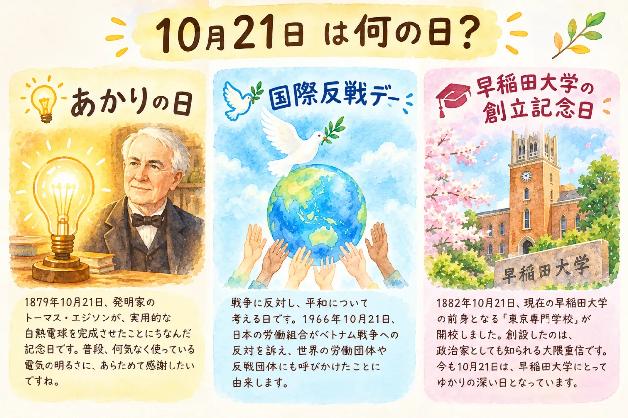 【10月21日は何の日？】💡あかりの日🕊️国際反戦デー🎓早稲田大学創立記念日のサムネイル