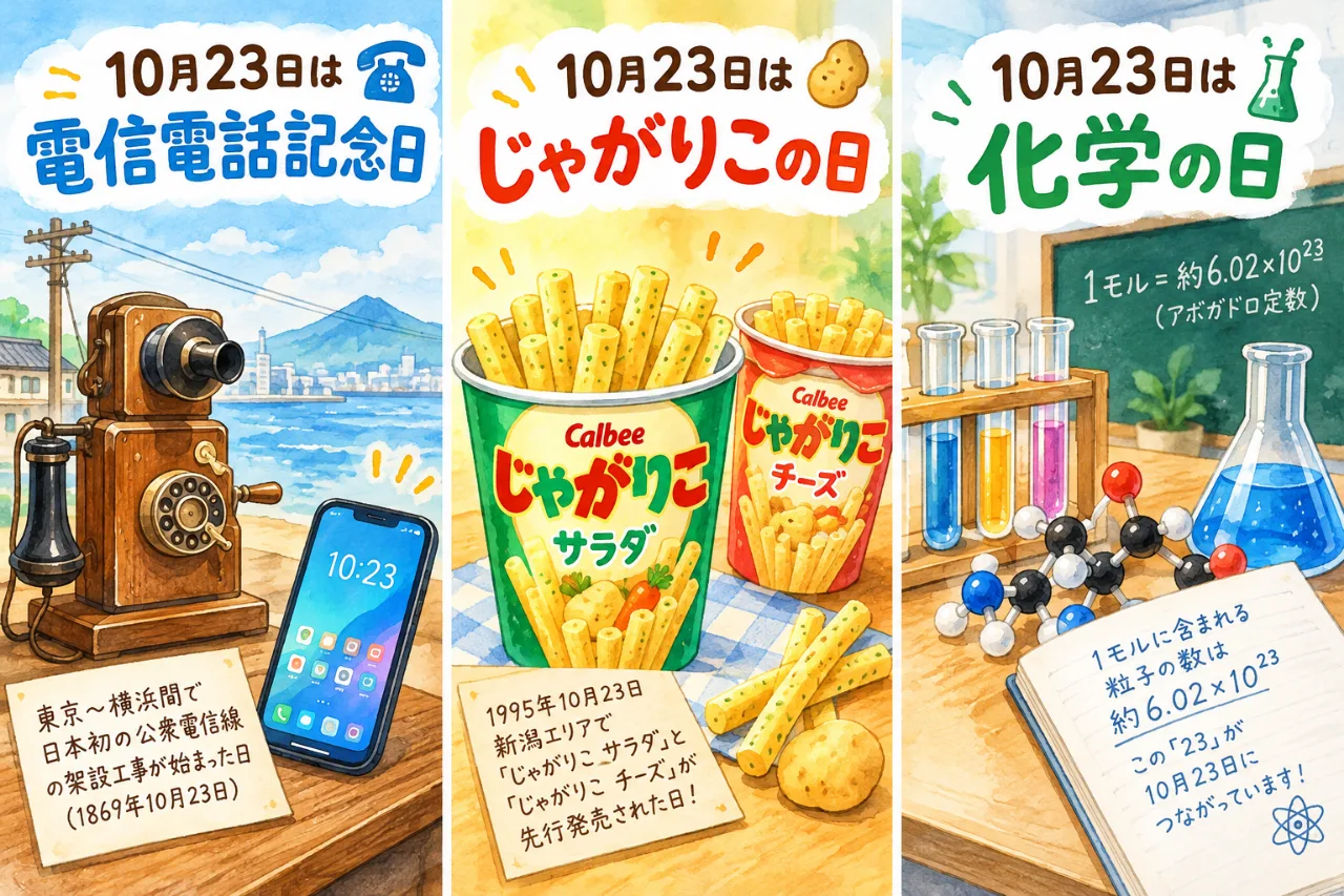 【10月23日は何の日？】📞電信電話記念日🥔じゃがりこの日🧪化学の日のサムネイル